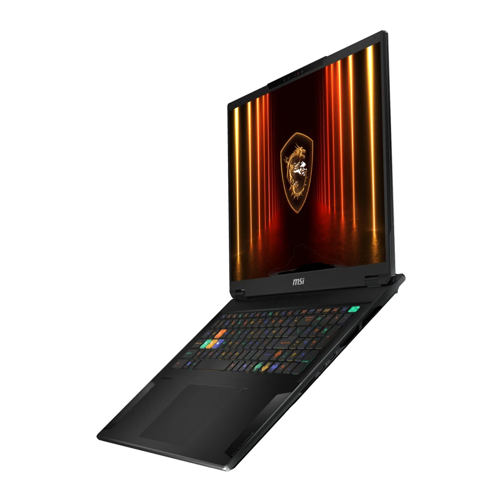 MSI Stealth 18 HX AI 2TB preto, vista frontal: ecrã com logótipo dragão dourado e teclado RGB iluminado - Item3