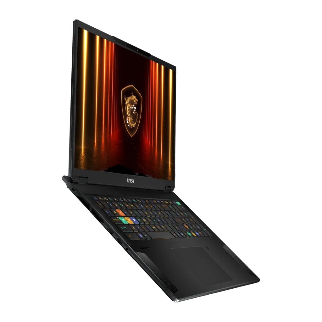 MSI Stealth 18 HX AI 2TB preto, vista frontal: ecrã com logótipo dragão dourado e teclado RGB iluminado - Item4