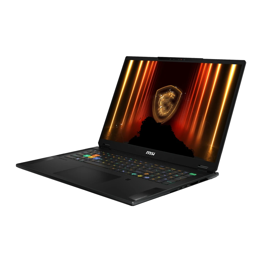 MSI Stealth 18 HX AI 2TB preto, vista frontal: ecrã com logótipo dragão dourado e teclado RGB iluminado - Item1