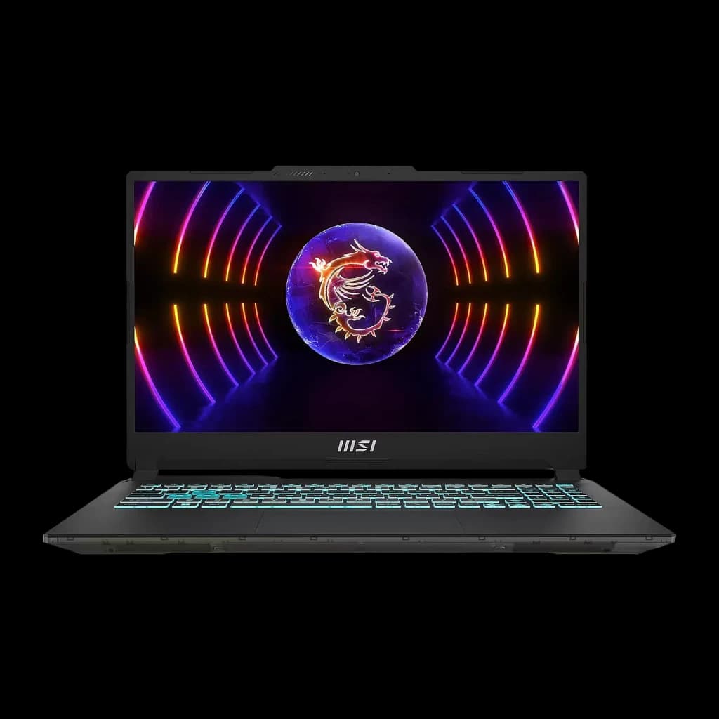 MSI Cyborg 15 A13 512GB noir translucide, vue avant: écran avec logo dragon MSI et clavier RGB cyan