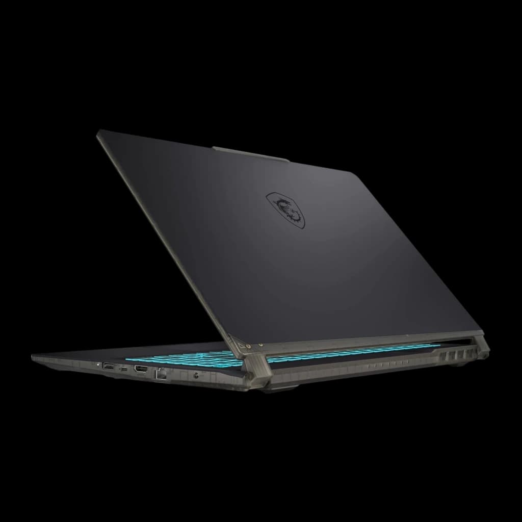 MSI Cyborg 15 A13 512GB noir translucide, vue arrière gauche: ports USB-C HDMI et LAN visibles sur le côté gauche