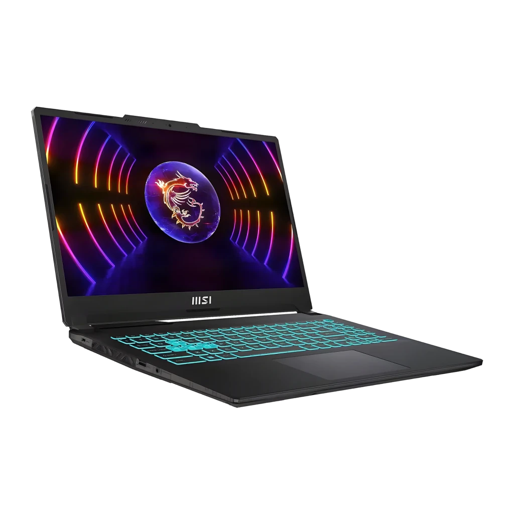 MSI Cyborg 15 A13 512GB preto translúcido, vista frontal: ecrã com logo dragão MSI e teclado RGB cyan - Item3