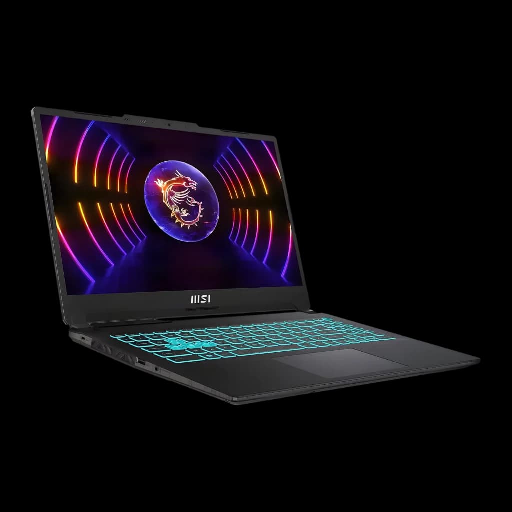 MSI Cyborg 15 A13 512GB noir translucide, vue en angle: écran logo dragon et clavier RGB cyan