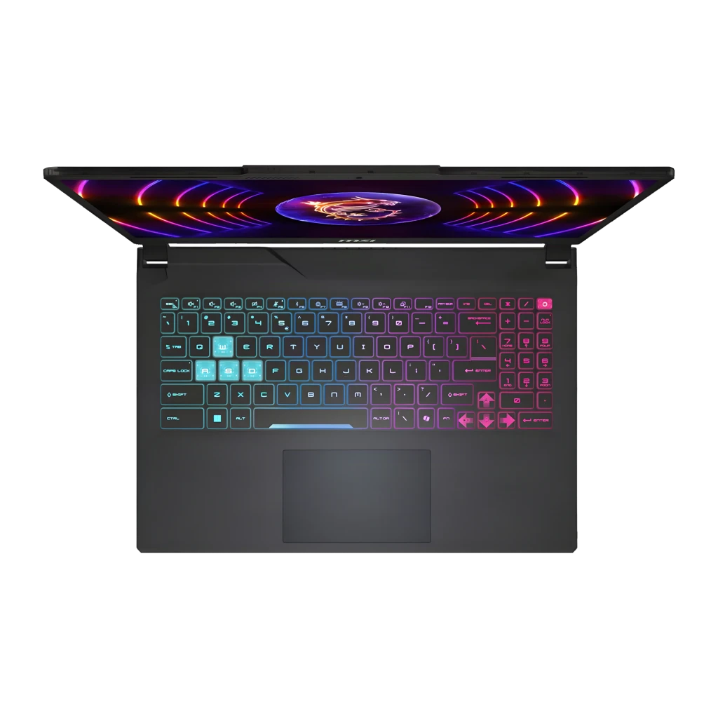 MSI Cyborg 15 A13 512GB preto translúcido, vista frontal: ecrã com logo dragão MSI e teclado RGB cyan - Item4