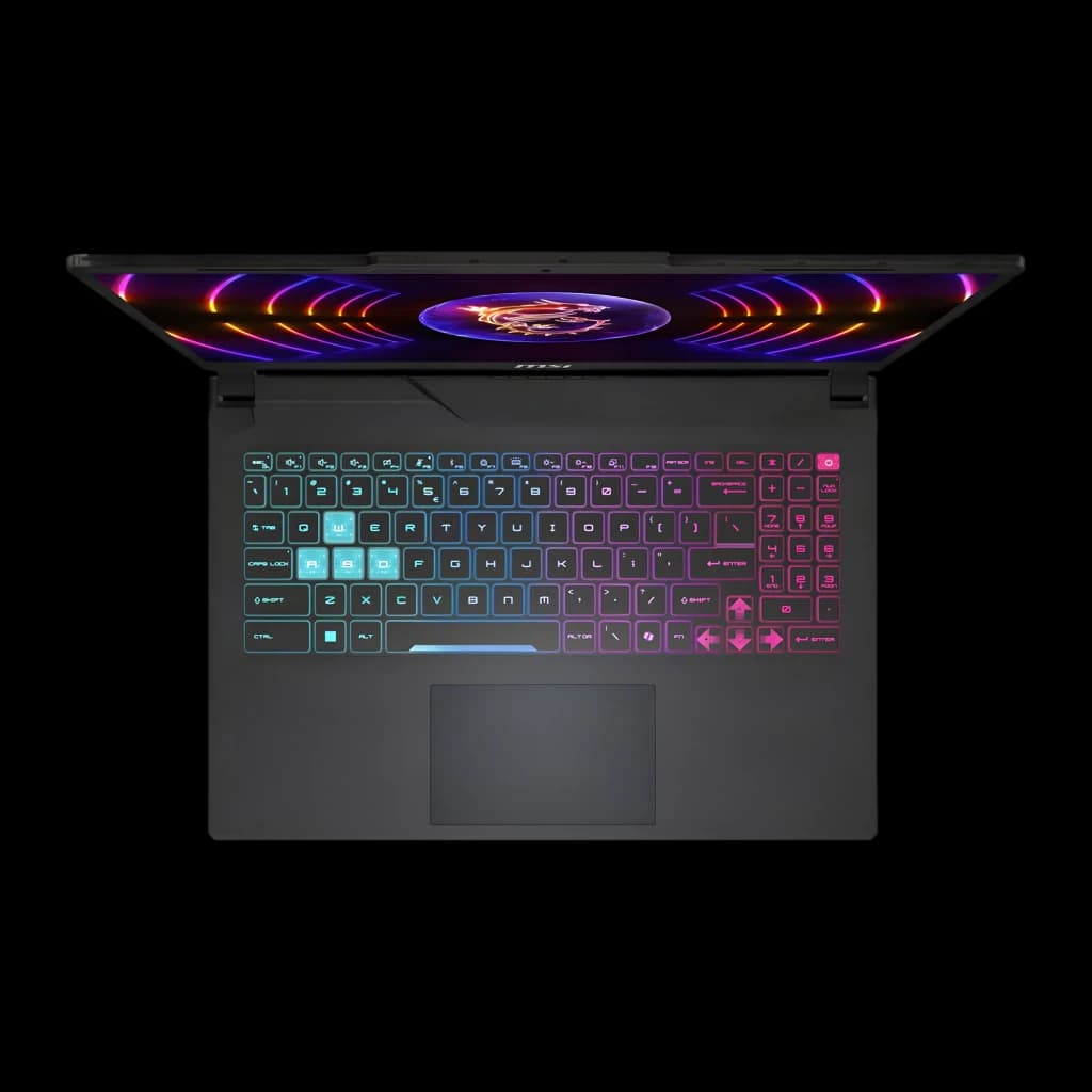 MSI Cyborg 15 A13 512GB noir translucide, vue du dessus: clavier RGB multicolore et couvercle avec logo MSI illuminé