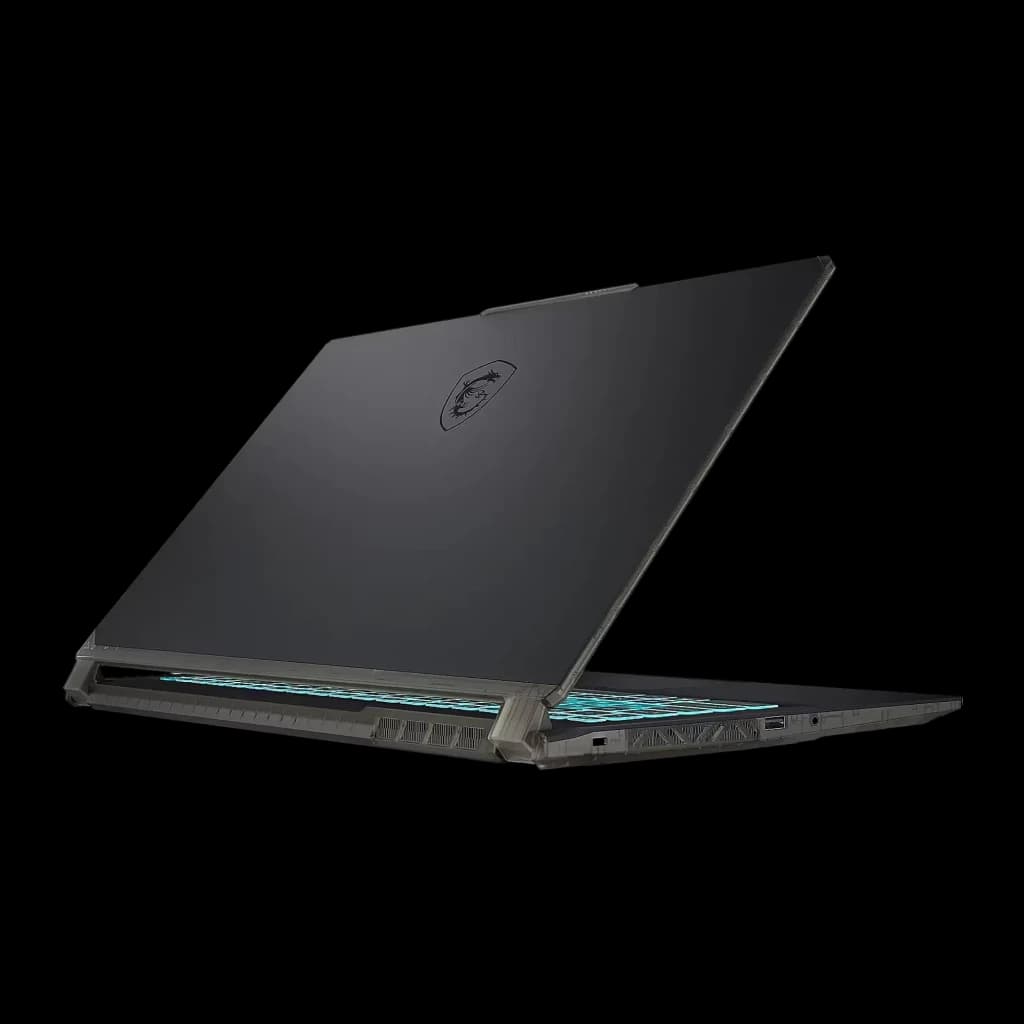 MSI Cyborg 15 A13 512GB noir translucide, vue arrière droite: couvercle logo dragon, charnière lumière cyan et grilles