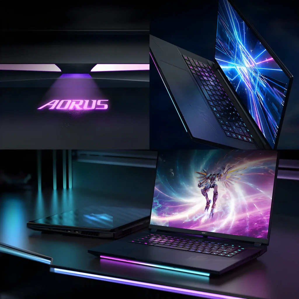 Gigabyte Aorus Master 16 1TB Negro, vista frontal: pantalla OLED 240Hz encendida con logo Aorus y teclado RGB - Ítem5