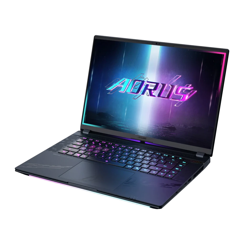 Gigabyte Aorus Master 16 1TB Negro, vista frontal: pantalla OLED 240Hz encendida con logo Aorus y teclado RGB - Ítem1