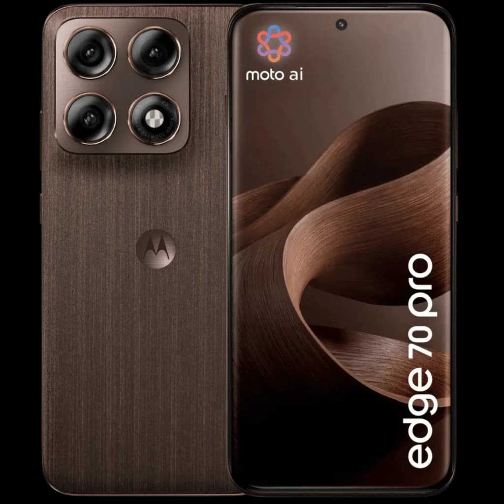 Motorola Edge 70 Pro 5G en color Chicory coffee, cuerpo texturizado marrón, módulo trasero con cuatro cámaras y pantalla frontal con perforación central