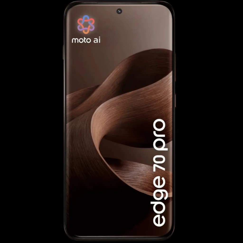 Motorola Edge 70 Pro 5G en color Chicory coffee, pantalla curva con perforación central, bordes delgados, texto edge 70 pro en vertical y logo moto ai arriba