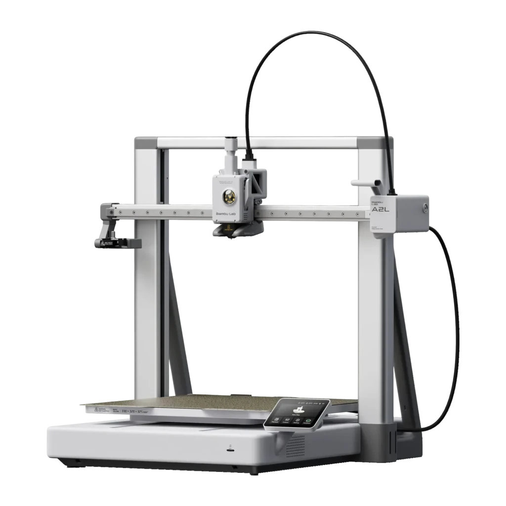 Impresora 3D Bambu Lab A2L FDM con bastidor blanco y gris, cabezal con logo A2L, cama texturizada, guía de filamento flexible y pantalla táctil lateral - Ítem4