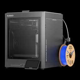 Impresora 3D Elegoo Centauri Carbon 2 CoreXY con chasis cerrado, pantalla táctil inclinada y portabobinas lateral con filamento azul, velocidad 500 mm/s