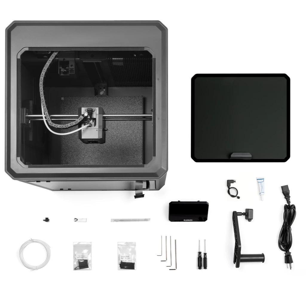 Impresora 3D Elegoo Centauri Carbon 2 CoreXY con chasis cerrado, pantalla táctil inclinada y portabobinas lateral con filamento azul, velocidad 500 mm/s - Ítem9