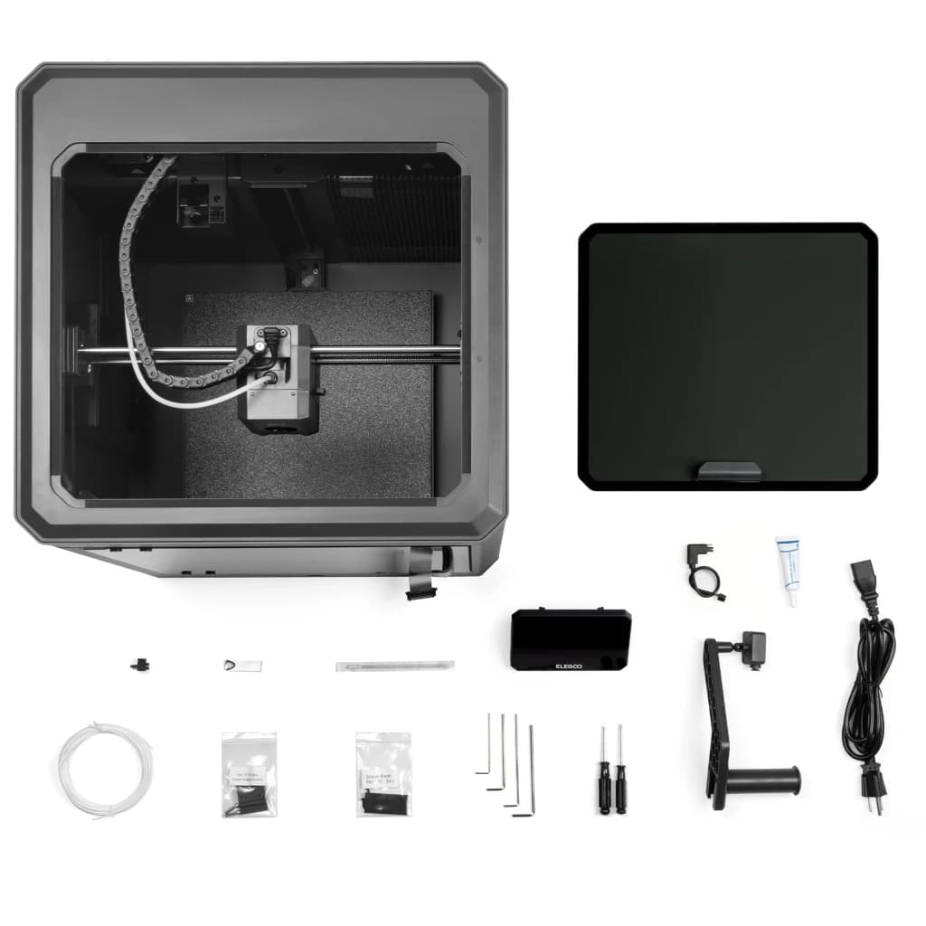 Impresora 3D CoreXY con marco metálico cerrado, gran volumen, cama extraíble de vidrio texturizado, cabezal con guía de cadena y accesorios completos en