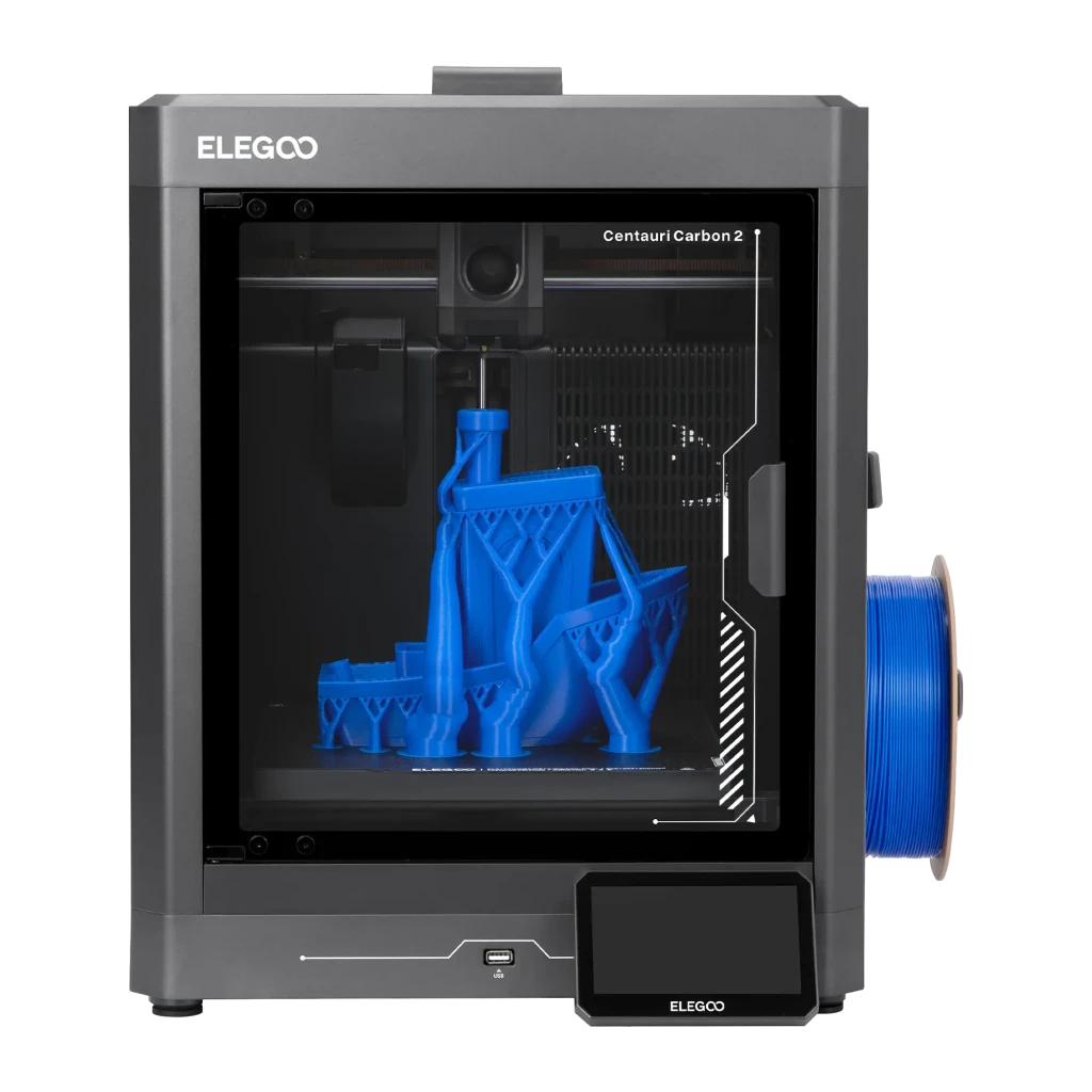 Impresora 3D Elegoo Centauri Carbon 2 CoreXY con chasis cerrado, pantalla táctil inclinada y portabobinas lateral con filamento azul, velocidad 500 mm/s - Ítem8