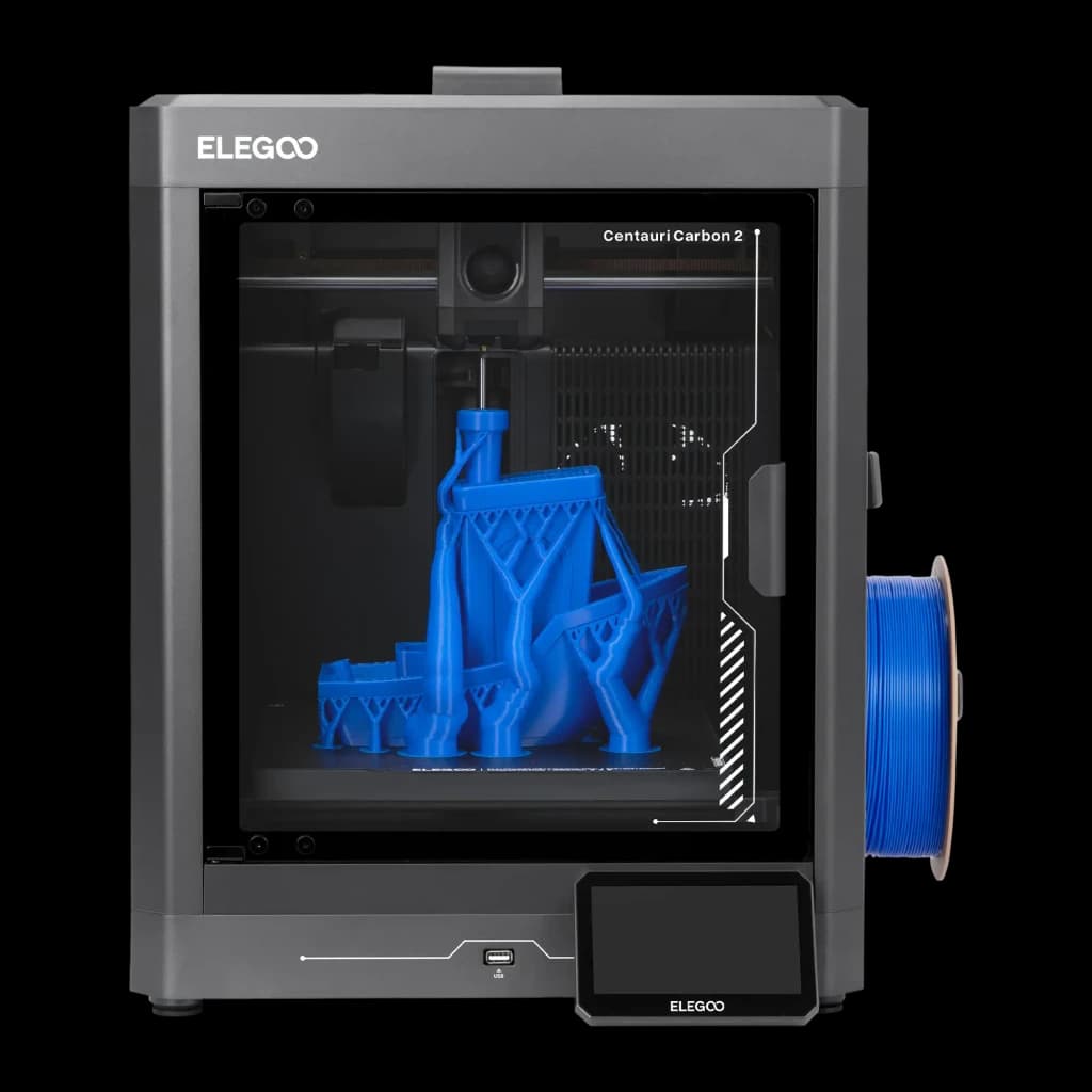 Impresora 3D Elegoo Centauri Carbon 2 FDM CoreXY 500mm/s con marco cerrado gris, carrete lateral azul, gran volumen y pantalla táctil frontal