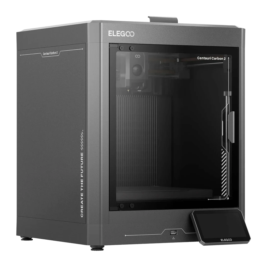 Impresora 3D Elegoo Centauri Carbon 2 CoreXY con chasis cerrado, pantalla táctil inclinada y portabobinas lateral con filamento azul, velocidad 500 mm/s - Ítem7