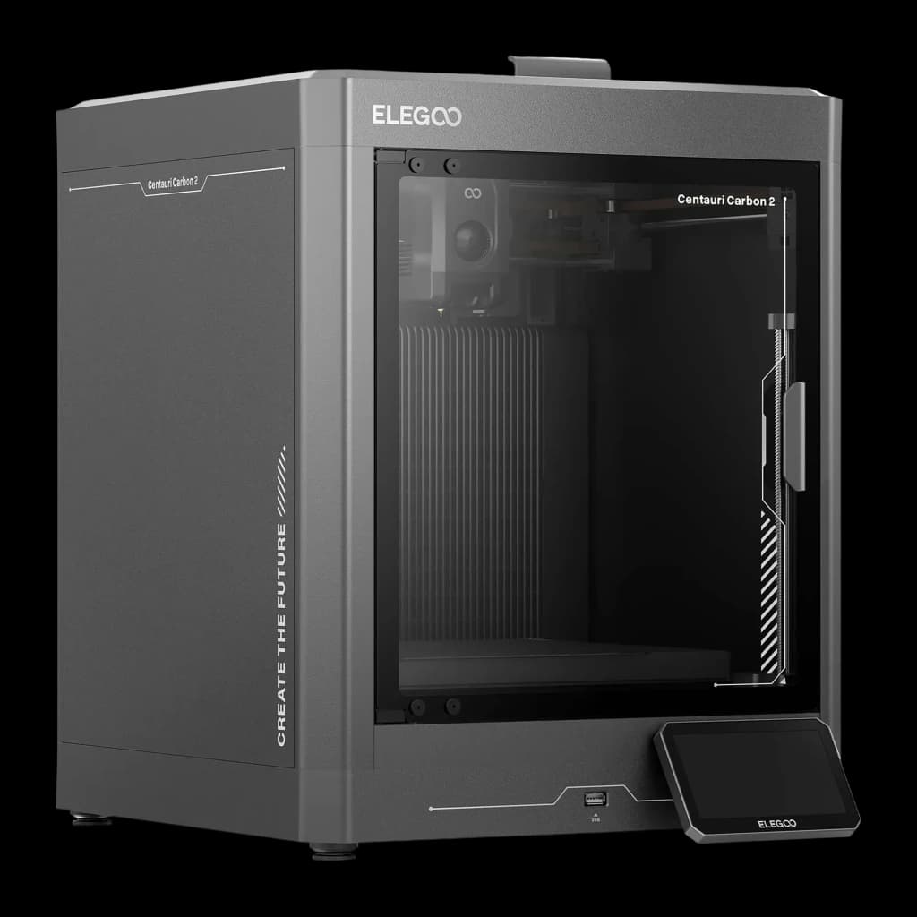 Impresora 3D Elegoo Centauri Carbon 2 FDM CoreXY 500mm/s con chasis cerrado gris, ventana frontal transparente, rieles lineales y pantalla táctil inclinada