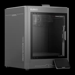Impresora 3D Elegoo Centauri Carbon 2 FDM CoreXY 500mm/s con chasis cerrado gris, ventana frontal transparente, rieles lineales y pantalla táctil inclinada