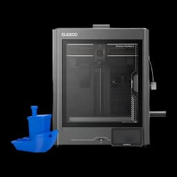 Impresora 3D Elegoo Centauri Carbon 2 FDM CoreXY con chasis cerrado gris, ventana frontal transparente, panel táctil inferior y muestra de pieza azul impres a