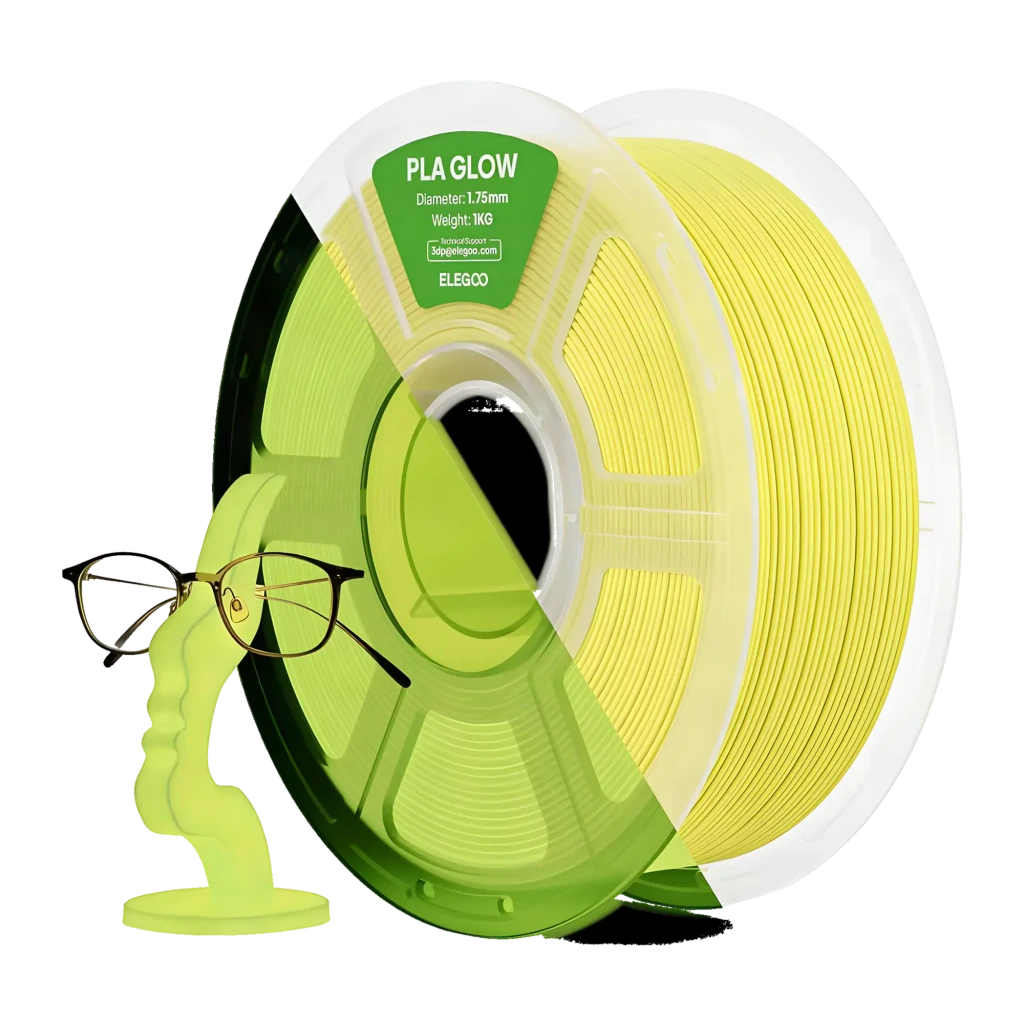 Filament pour imprimante 3D Elegoo PLA Glow Jaune 1.75mm 1KG, vue de face: bobine jaune avec étiquette verte et figurine