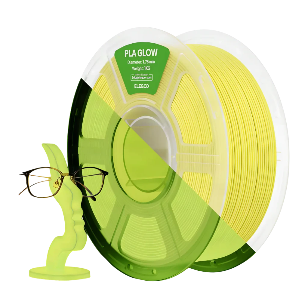 Filament pour imprimante 3D Elegoo PLA Glow Jaune 1.75mm 1KG, vue avant: bobine jaune avec moyeu vert translucide