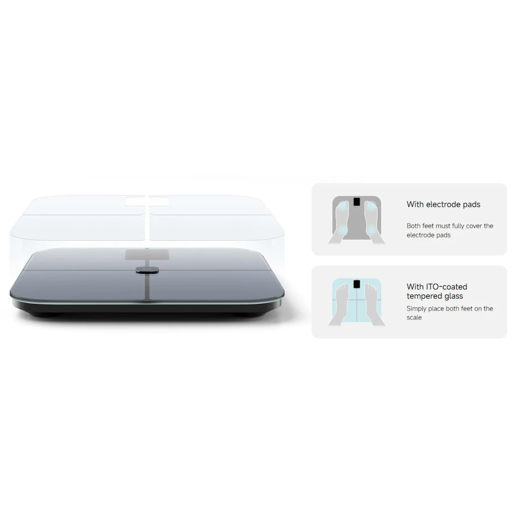 Balance intelligente Xiaomi Body Composition Scale S400 Pro, surface noire mate avec croix discrète, écran numérique central affichant le poids, logo Mi au - Ítem7