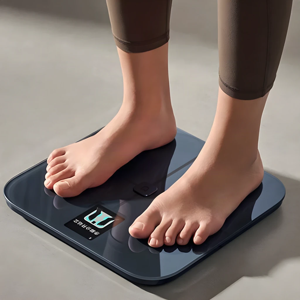 Balance intelligente Xiaomi Body Composition Scale S400 Pro, surface noire mate avec croix discrète, écran numérique central affichant le poids, logo Mi au - Ítem5