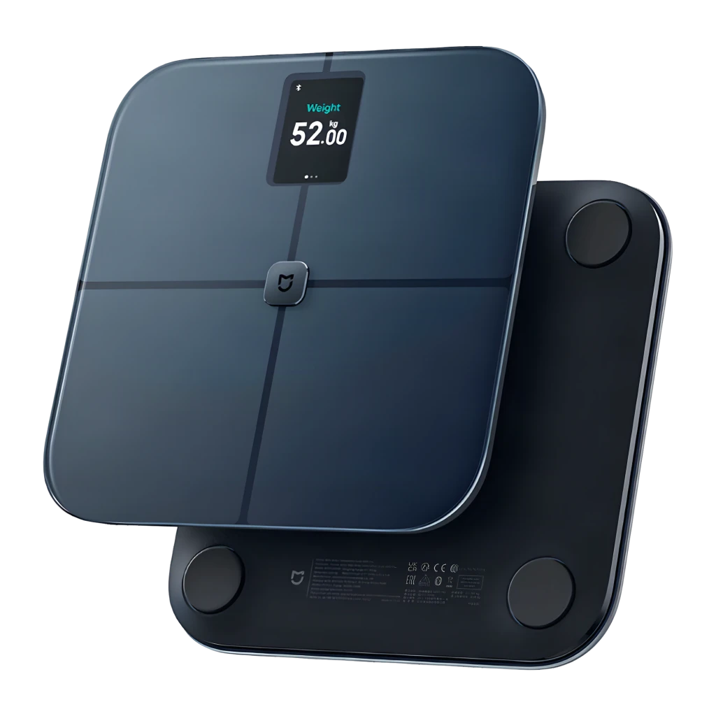 Balance intelligente Xiaomi Body Composition Scale S400 Pro, surface noire mate avec croix discrète, écran numérique central affichant le poids, logo Mi au - Ítem1