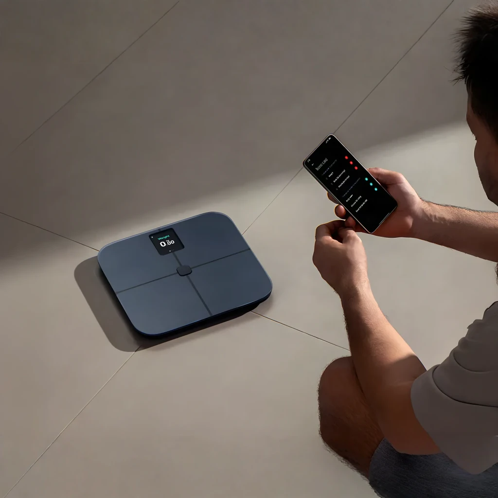 Balance intelligente Xiaomi Body Composition Scale S400 Pro, surface noire mate avec croix discrète, écran numérique central affichant le poids, logo Mi au - Ítem6