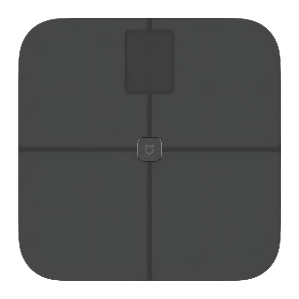 Balance intelligente Xiaomi Body Composition Scale S400 Pro, surface noire mate avec croix discrète, écran numérique central affichant le poids, logo Mi au - Ítem3