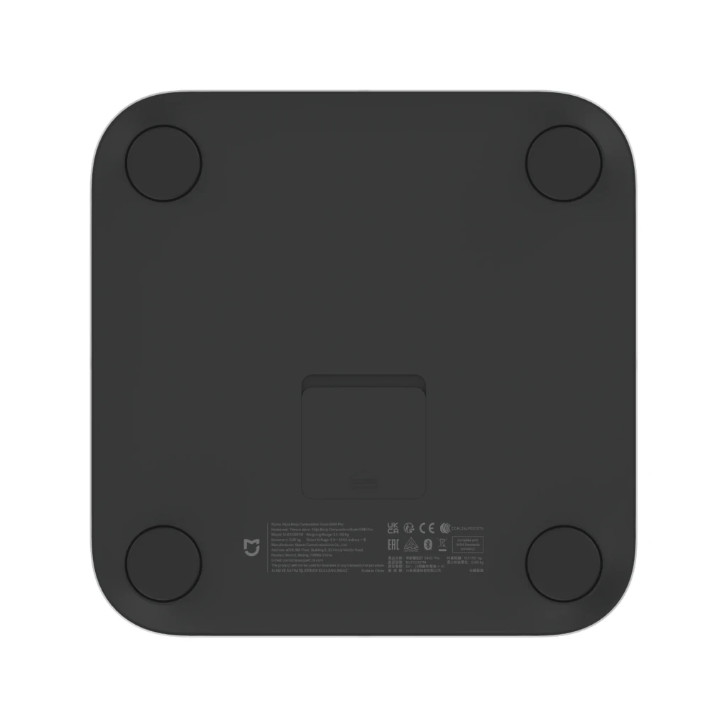 Balance intelligente Xiaomi Body Composition Scale S400 Pro, surface noire mate avec croix discrète, écran numérique central affichant le poids, logo Mi au - Ítem2