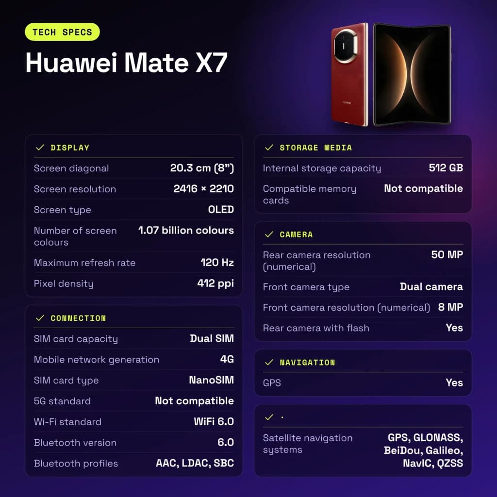 Huawei Mate X7 12GB/512GB Rojo 8 pulgadas OLED Plegable - características