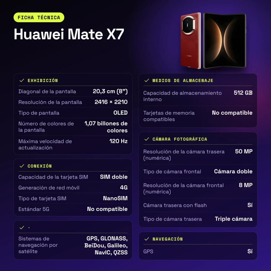 Huawei Mate X7 12GB/512GB Rojo 8 pulgadas OLED Plegable - características