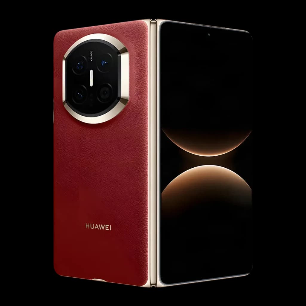 Huawei Mate X7 12GB/512GB Rojo 8 pulgadas OLED Plegable, vista trasera en ángulo: módulo de cámaras circular dorado, trasera