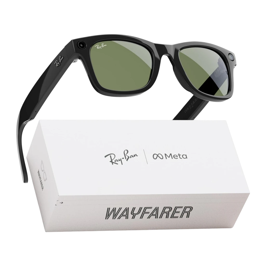Ray-Ban Meta Wayfarer Gen1 preto Transitions, kit com caixa: óculos sobre caixa branca com logos Ray-Ban e Meta Wayfarer