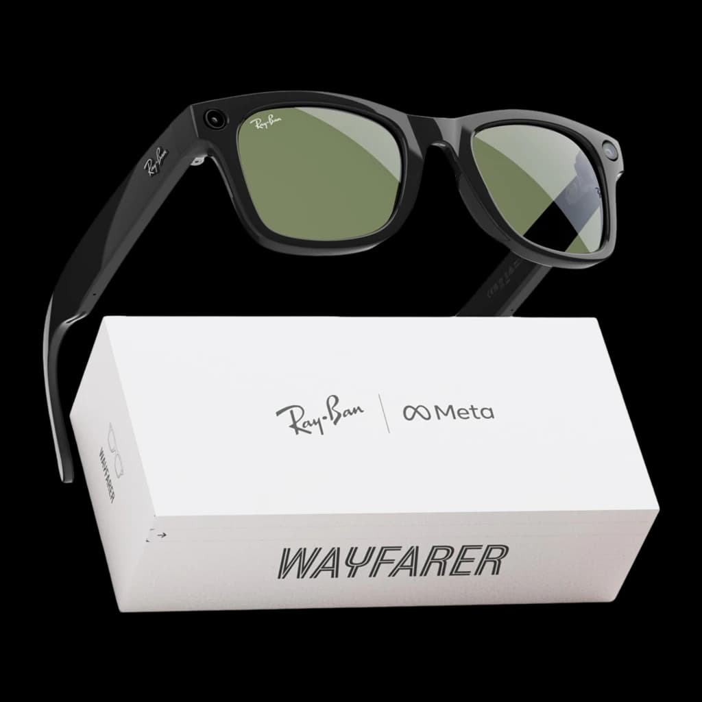 Ray-Ban Meta Wayfarer Gen1 preto Transitions, kit com caixa: óculos sobre caixa branca com logos Ray-Ban e Meta Wayfarer