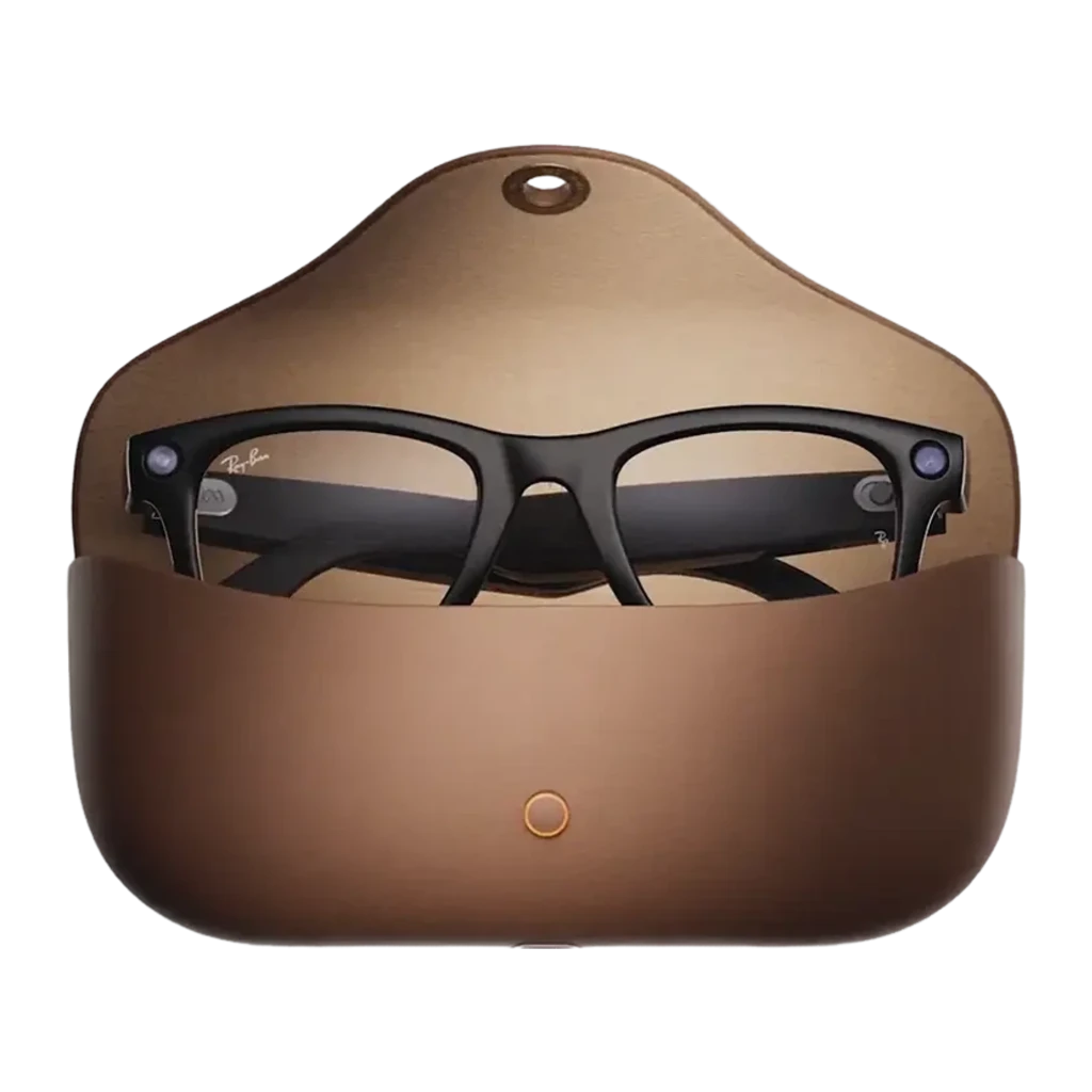 Ray-Ban Meta Wayfarer Gen1 preto Transitions, estojo aberto: óculos parcialmente guardados em estojo marrom, lentes