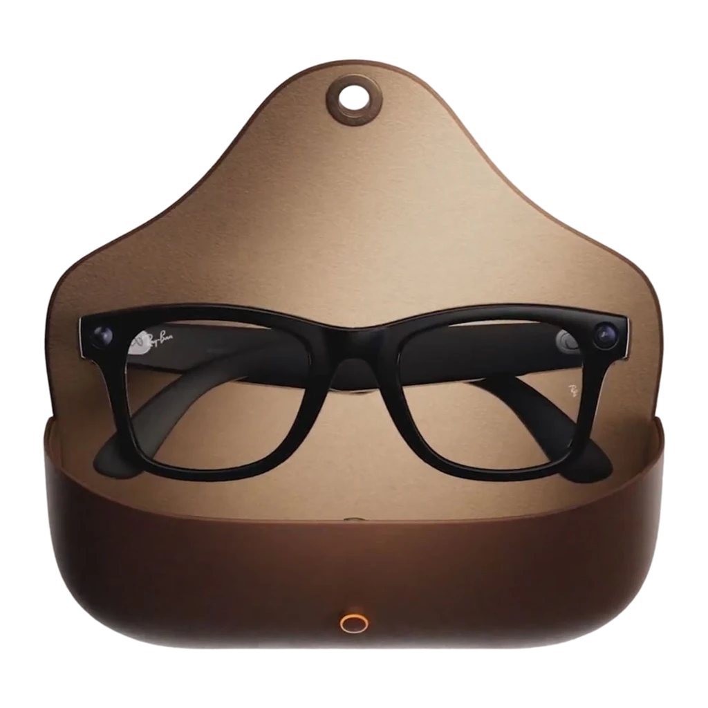 Ray-Ban Meta Wayfarer Gen1 preto Transitions, estojo aberto frontal: óculos totalmente visíveis dentro do estojo marrom