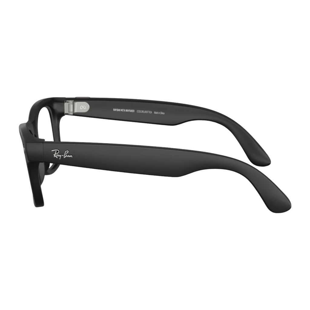 Ray-Ban Meta Wayfarer Gen1 preto Transitions, vista lateral traseira: hastes com logo Meta, alto-falantes integrados