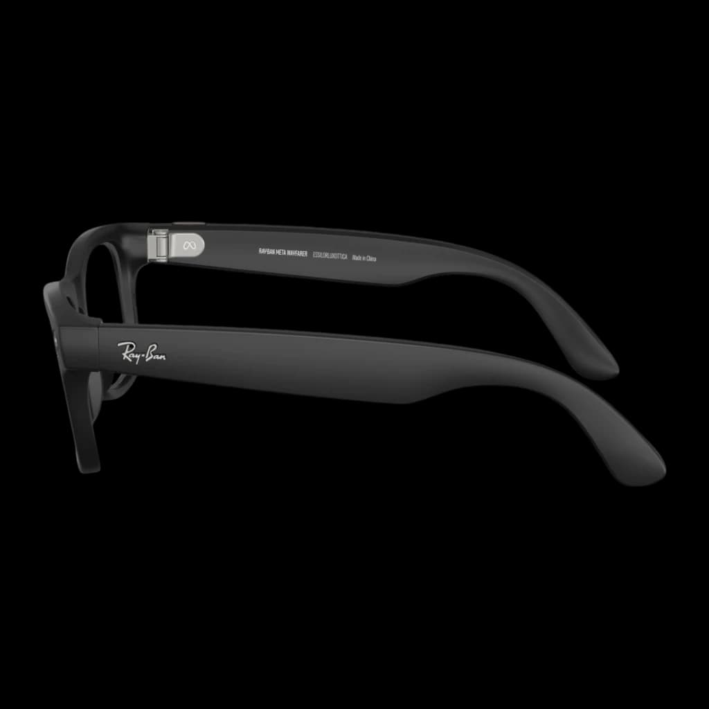 Ray-Ban Meta Wayfarer Gen1 preto Transitions, vista lateral traseira: hastes com logo Meta, alto-falantes integrados