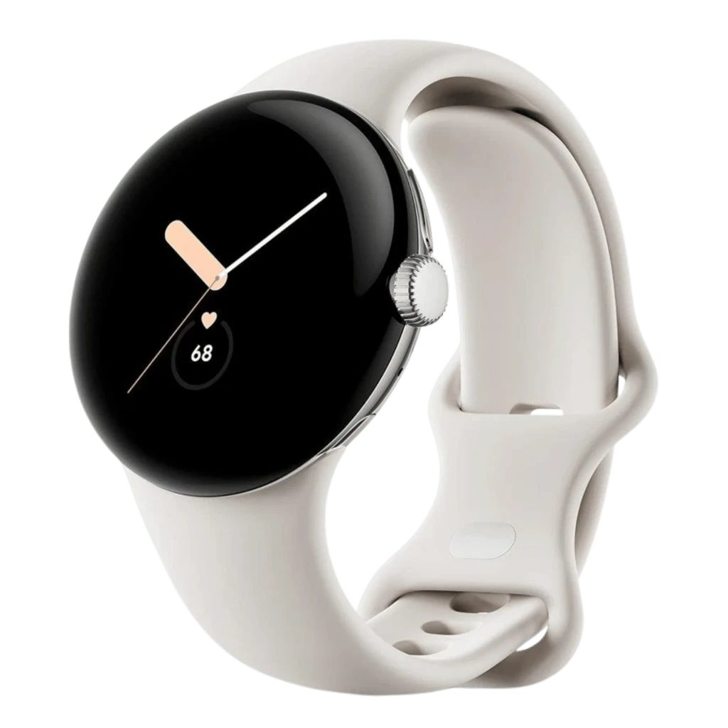 Google Pixel Watch LTE 41 mm en plata pulida con pantalla circular negra, borde metálico y corona lateral, correa de silicona gris carbón, indicador de ritmo - Ítem10