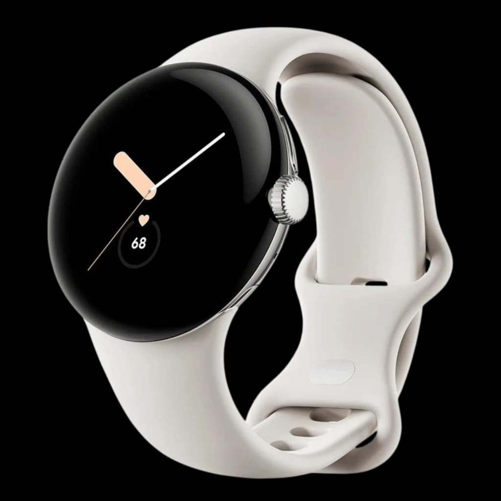 Montre connectée Google Pixel Watch LTE 41 mm, boîtier argenté brillant, écran circulaire noir, couronne latérale, bracelet Chalk, ECG et NFC intégrés