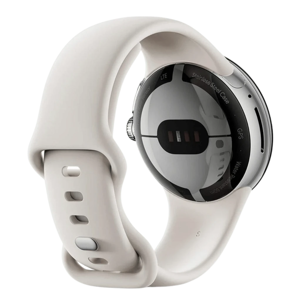 Google Pixel Watch LTE 41 mm en plata pulida con pantalla circular negra, borde metálico y corona lateral, correa de silicona gris carbón, indicador de ritmo - Ítem9
