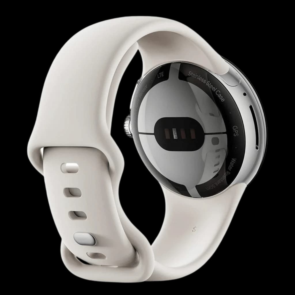 Google Pixel Watch LTE 41 mm argenté brillant avec capteur ECG, NFC et GPS, boîtier acier inoxydable, bracelet Chalk souple perforé ajustable