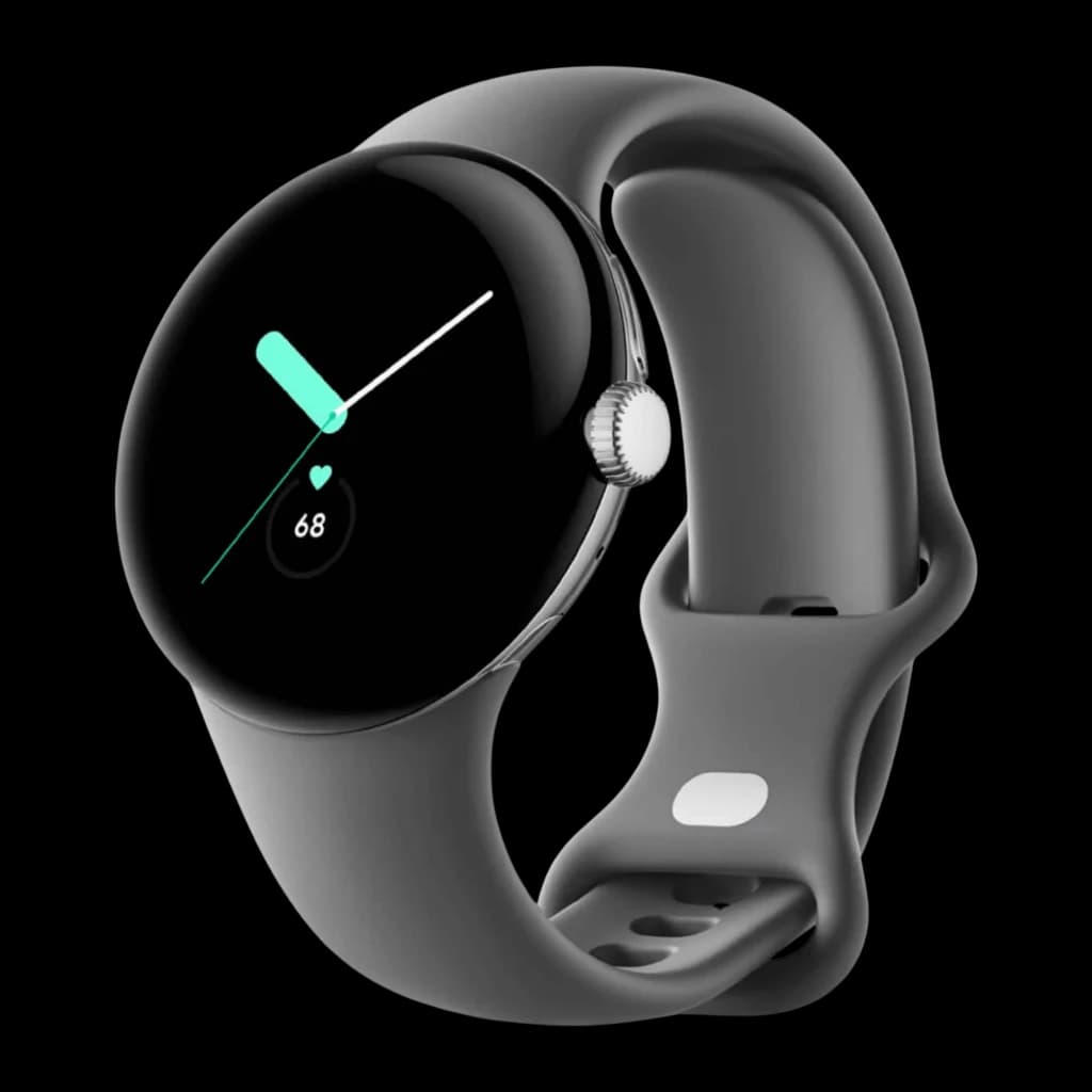 Google Pixel Watch LTE 41 mm argenté brillant avec écran circulaire noir, couronne latérale, bracelet Gris Charbon souple, affichage du rythme cardiaque