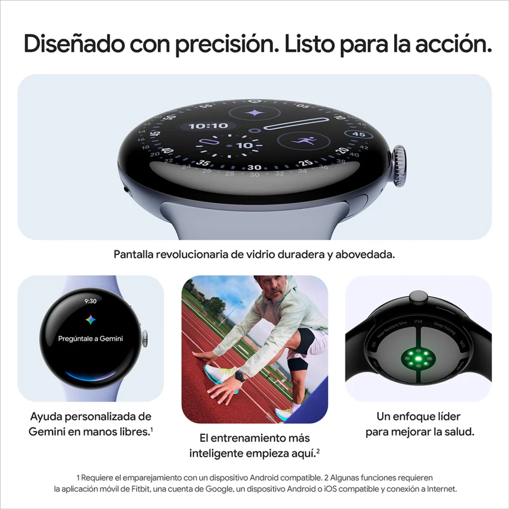 Google Pixel Watch LTE 41 mm en plata pulida con pantalla circular negra, borde metálico y corona lateral, correa de silicona gris carbón, indicador de ritmo - Ítem3