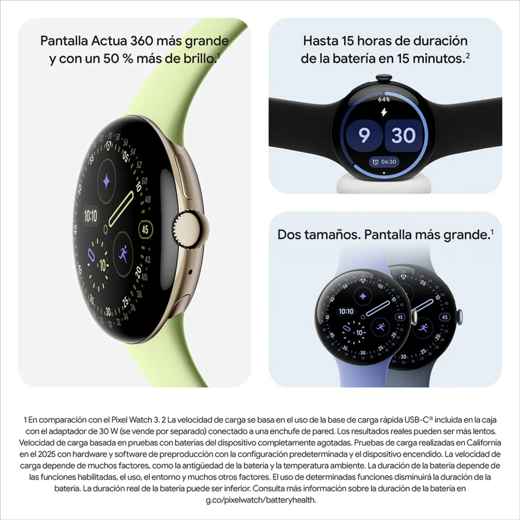 Google Pixel Watch LTE 41 mm en plata pulida con pantalla circular negra, borde metálico y corona lateral, correa de silicona gris carbón, indicador de ritmo - Ítem4