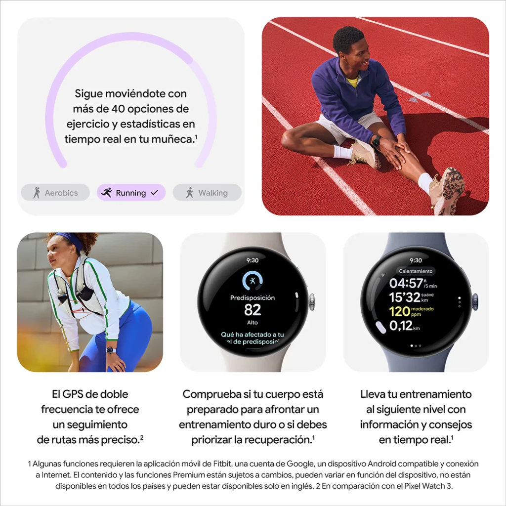 Google Pixel Watch LTE 41 mm en plata pulida con pantalla circular negra, borde metálico y corona lateral, correa de silicona gris carbón, indicador de ritmo - Ítem2