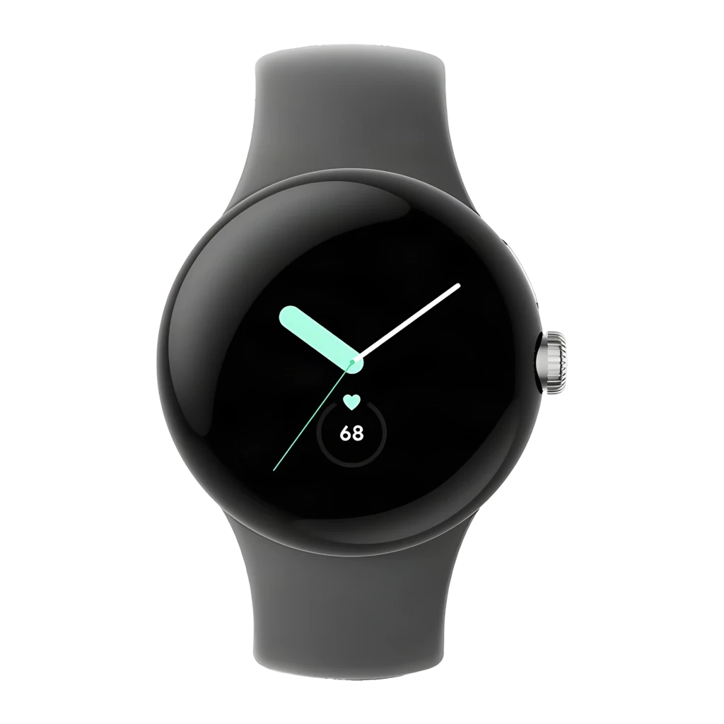Google Pixel Watch LTE 41 mm en plata pulida con pantalla circular negra, borde metálico y corona lateral, correa de silicona gris carbón, indicador de ritmo - Ítem3